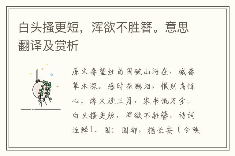 白頭搔更短，渾欲不勝簪。意思翻譯及賞析